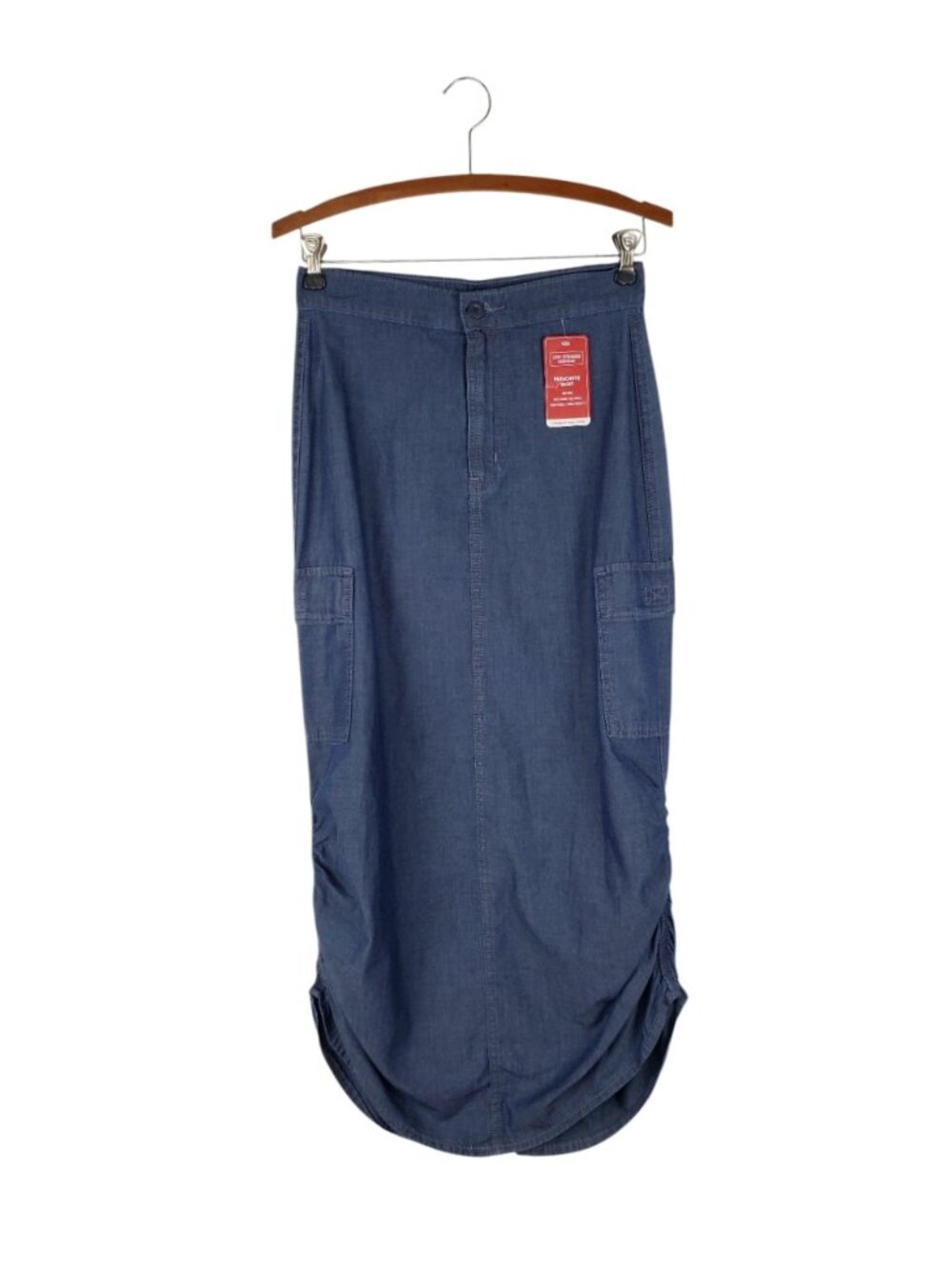 Levis NWT Parachute Skirt Cargo Maxi Ruched Chambray Blue Denim Womens XS